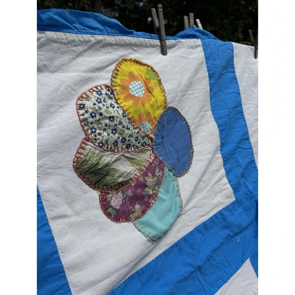 Vintage Dresden Plate Cutter Lap Quilt Floral Patchwork Blue Projects 34